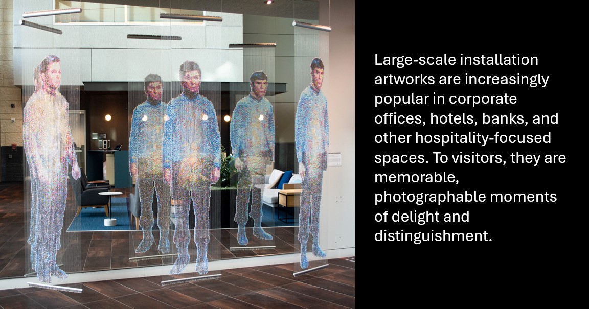 an image of a beaded artwork featuring a text panel that reads "large-scale installation artworks are increasingly popular in coporate offices, hotels, banks, and other hospitality-focused spaces. To visitors, they are memorable, photographable moments of delight and distinguishment.