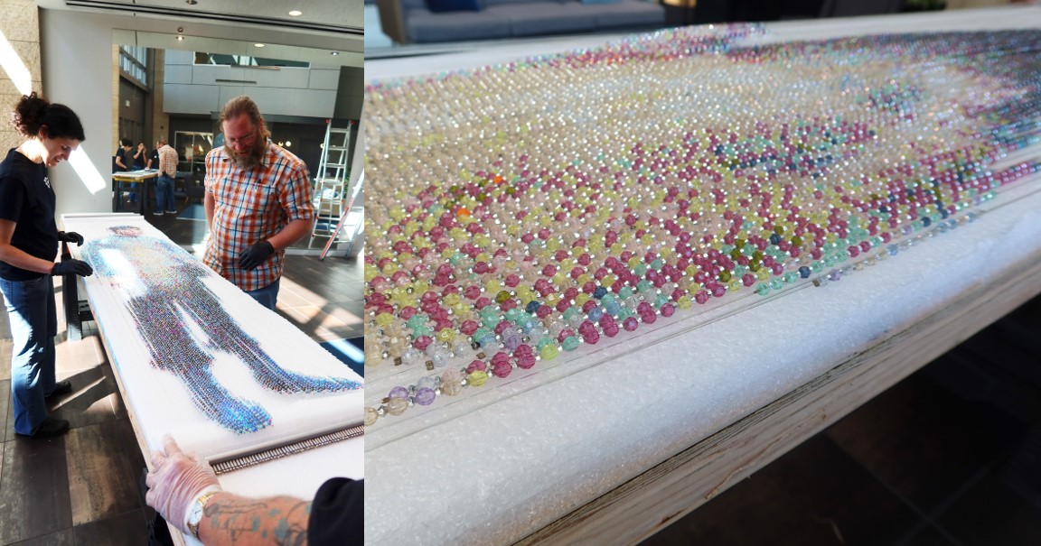 A split image shows the beaded sculpture on the stretcher plus a detail image showing the beads.